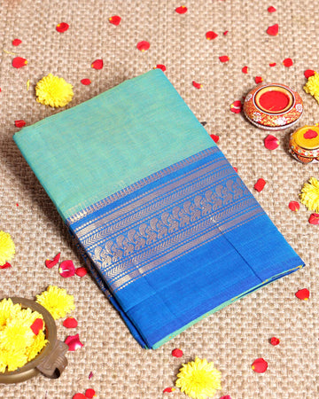 Traditional Handloom Kanchi Cotton Saree with Intricate Traditional Temple Border - Green