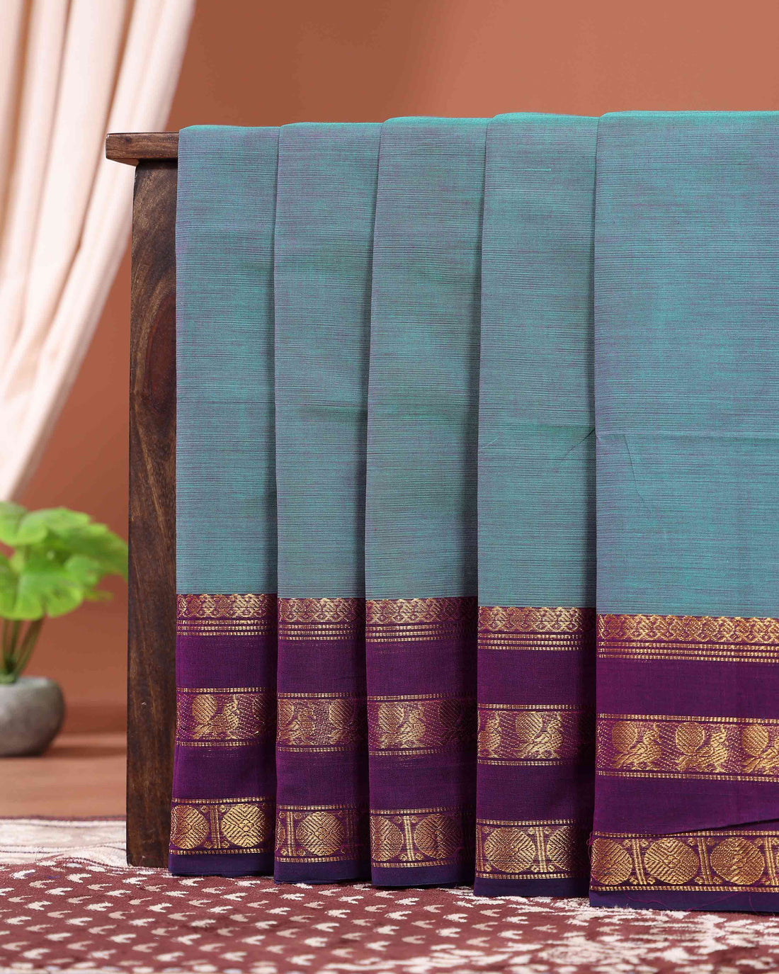 Traditional Handloom Kanchi Cotton Saree with Traditional Peacock and Chakra Border Motifs -  Turquoise Green