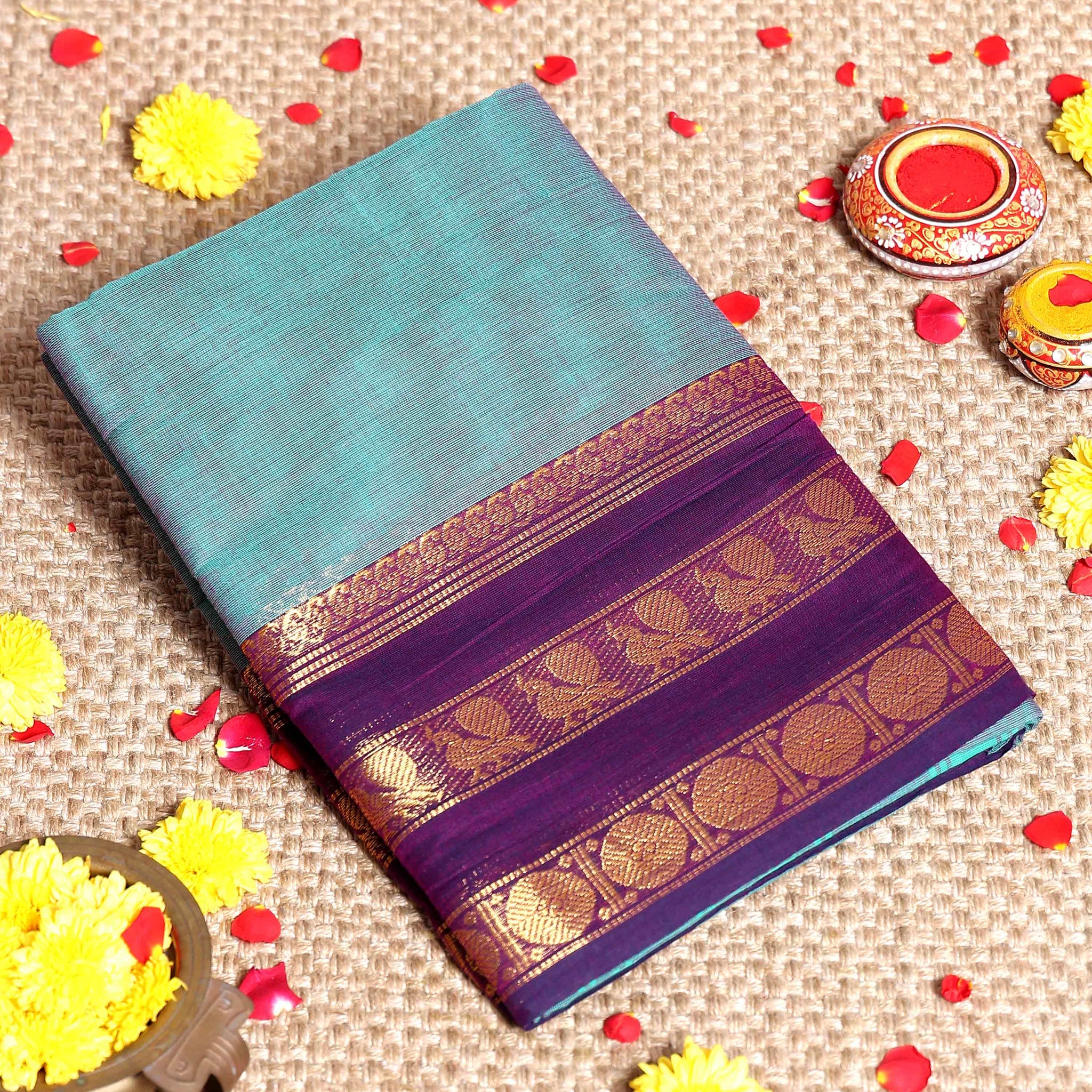 Traditional Handloom Kanchi Cotton Saree with Traditional Peacock and Chakra Border Motifs -  Turquoise Green