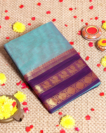 Traditional Handloom Kanchi Cotton Saree with Traditional Peacock and Chakra Border Motifs -  Turquoise Green