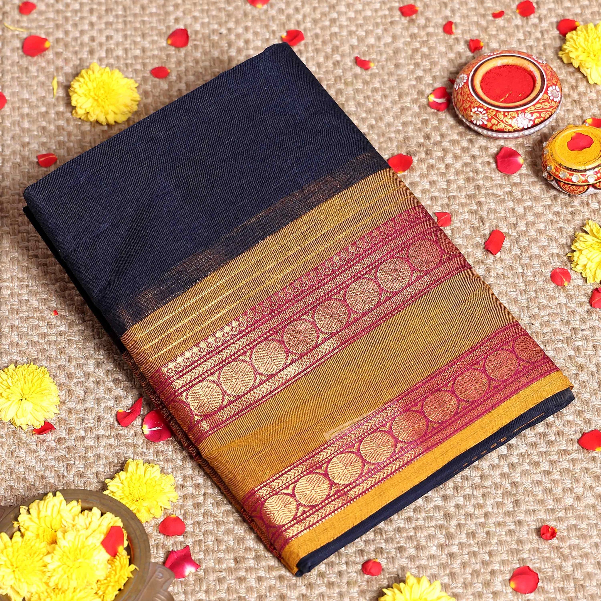 Traditional Handloom Kanchi Cotton Saree with Traditional Korvai Border and Motif Details - Navy Blue