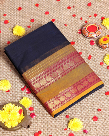 Traditional Handloom Kanchi Cotton Saree with Traditional Korvai Border and Motif Details - Navy Blue