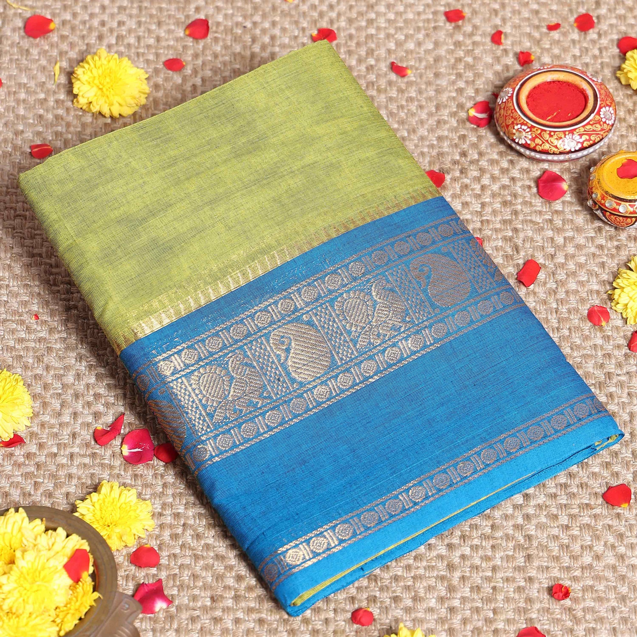 Traditional Handloom Kanchi Cotton Saree with Striking Contrast Border and Zari Details - Green