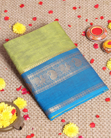 Traditional Handloom Kanchi Cotton Saree with Striking Contrast Border and Zari Details - Green