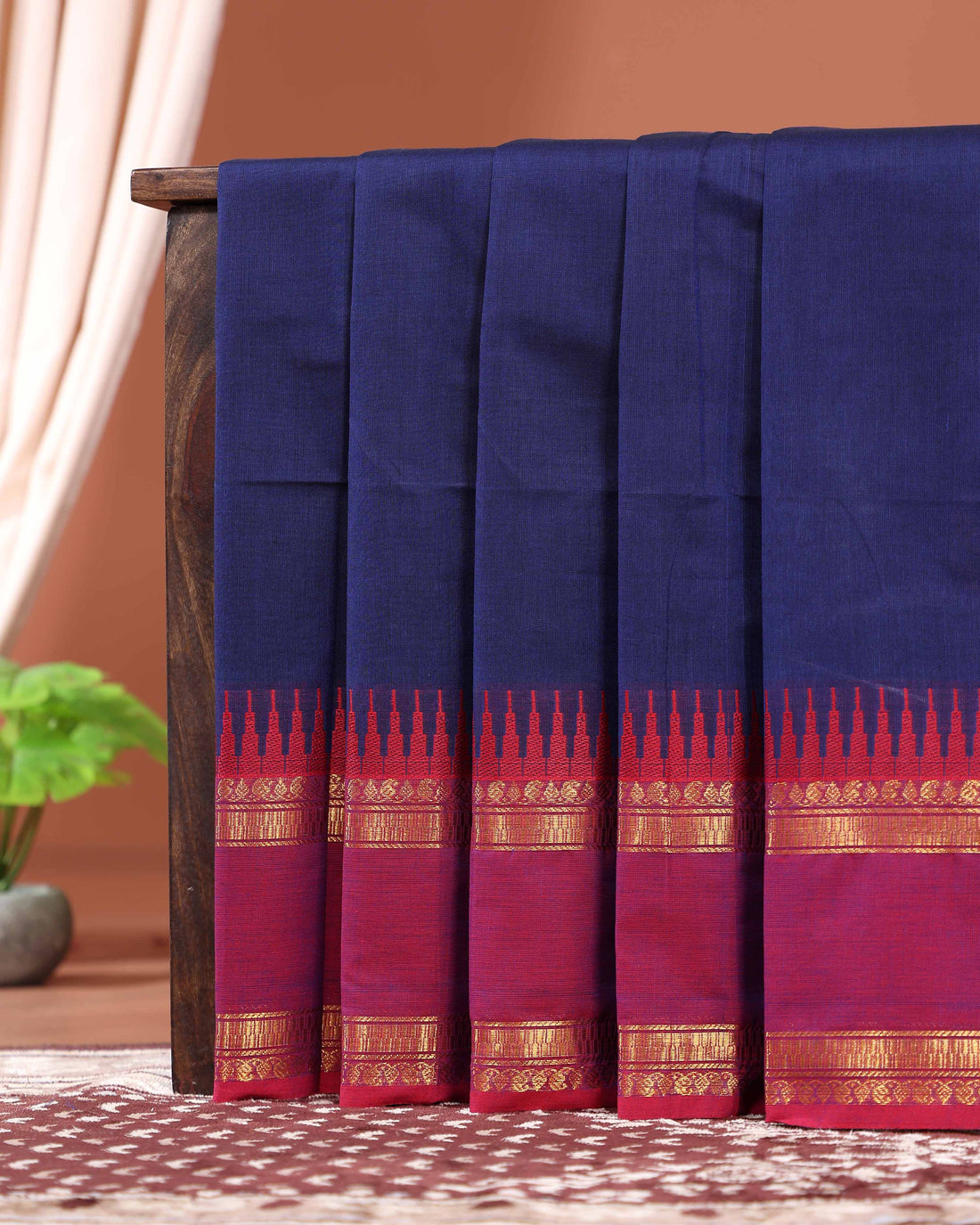 Elegant Handloom Kanchi Cotton Saree with Traditional Temple Border and Zari Accents - Blue