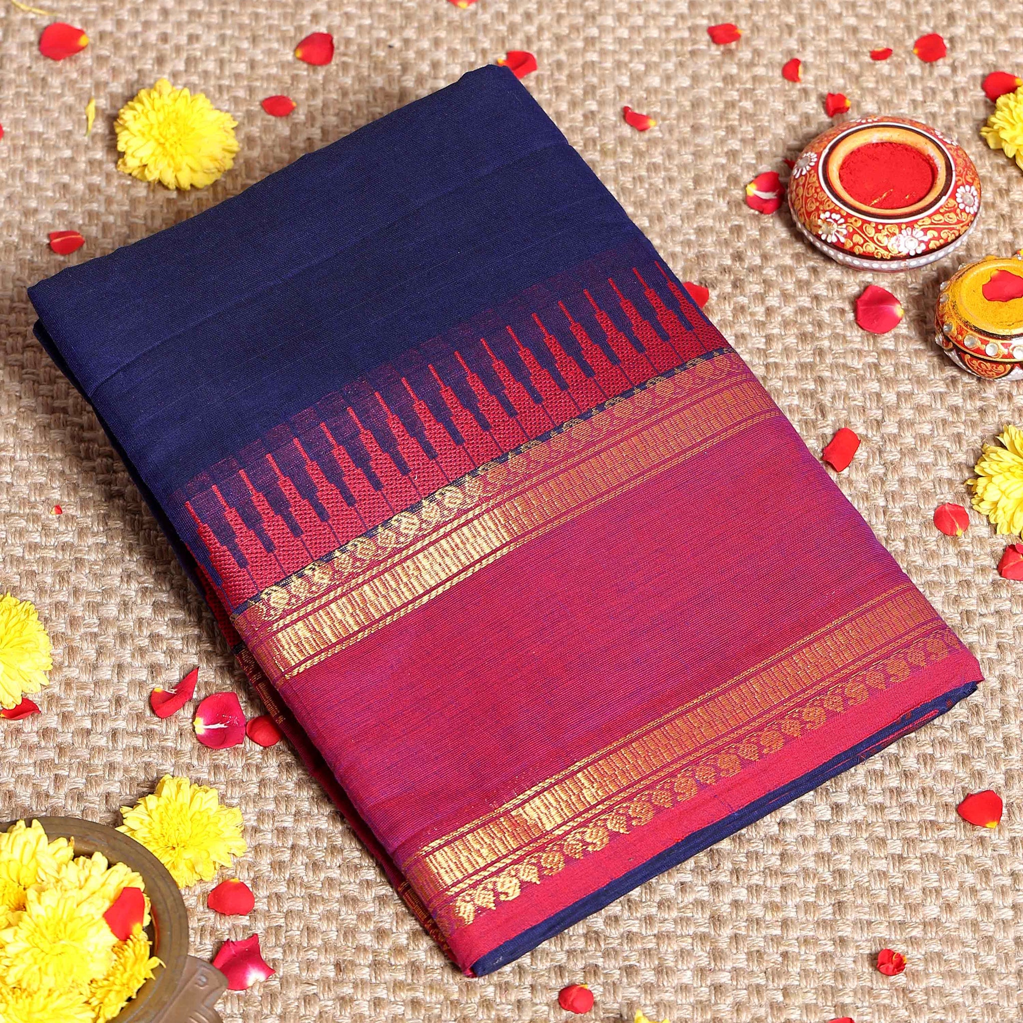Elegant Handloom Kanchi Cotton Saree with Traditional Temple Border and Zari Accents - Blue