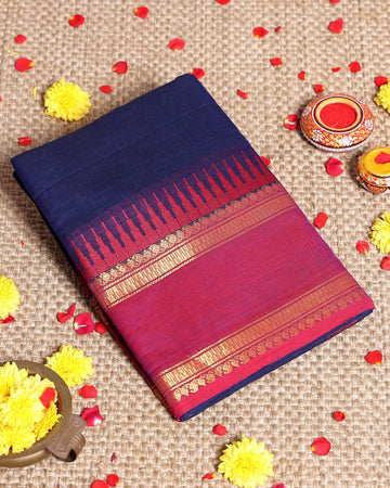 Elegant Handloom Kanchi Cotton Saree with Traditional Temple Border and Zari Accents - Blue