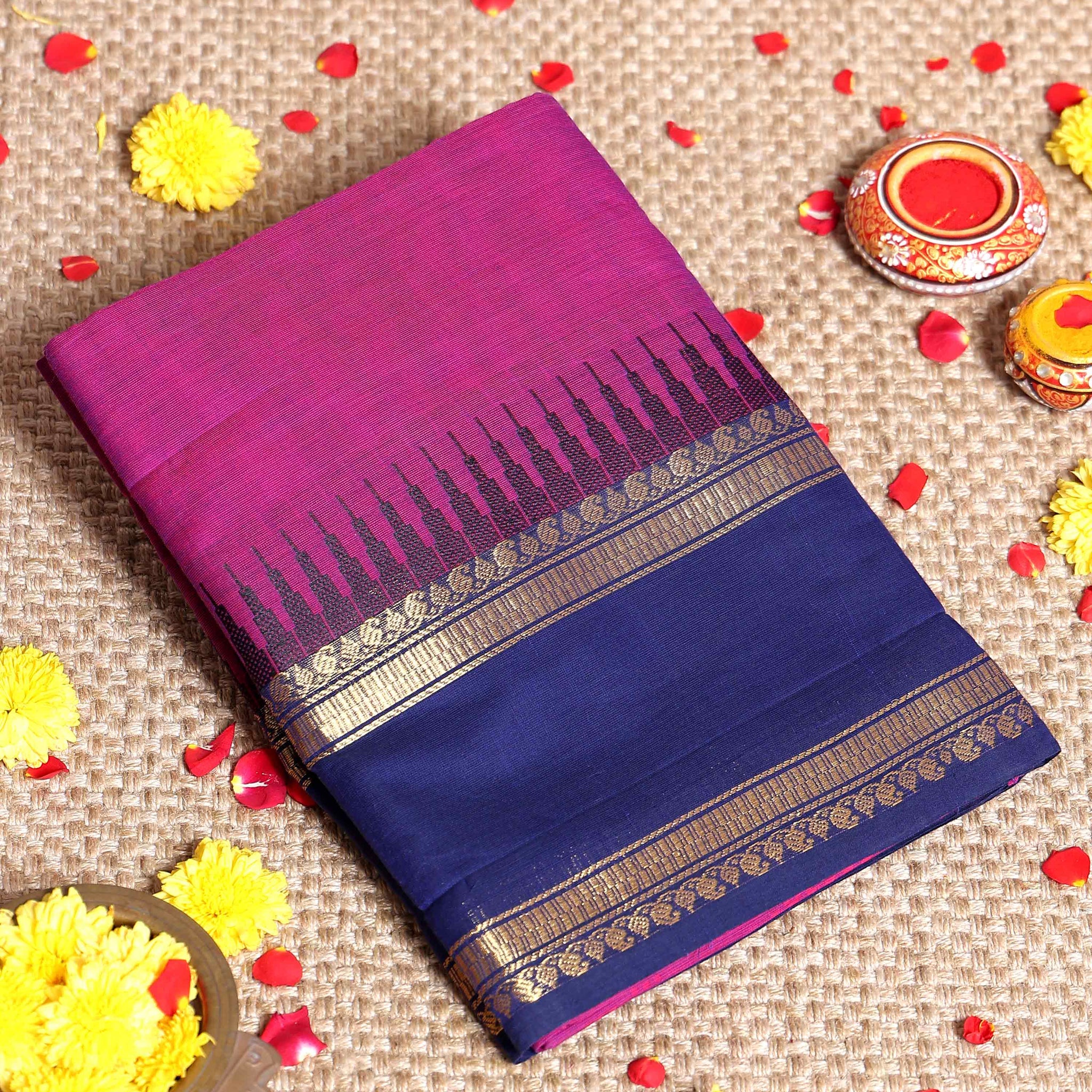 Elegant Handloom Kanchi Cotton Saree with Traditional Temple Border and Zari Accents - Purple