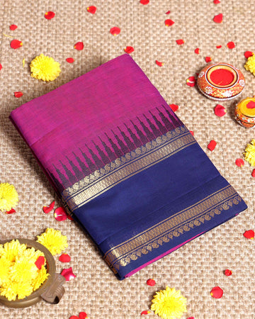 Elegant Handloom Kanchi Cotton Saree with Traditional Temple Border and Zari Accents - Purple