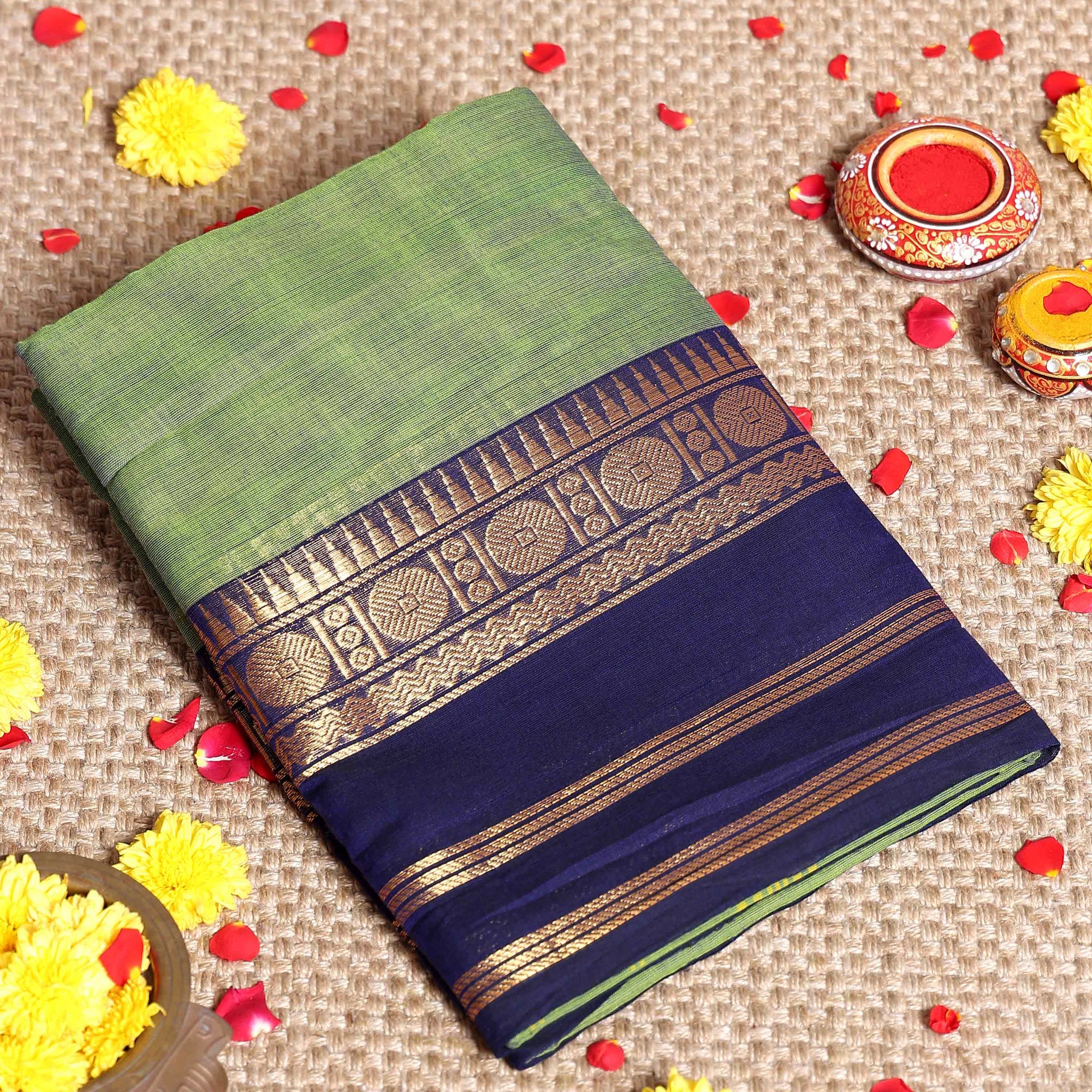Traditional Handloom Kanchi Cotton Saree with Contrast Border and Motifs - Green