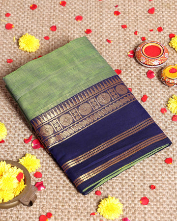 Traditional Handloom Kanchi Cotton Saree with Contrast Border and Motifs - Green