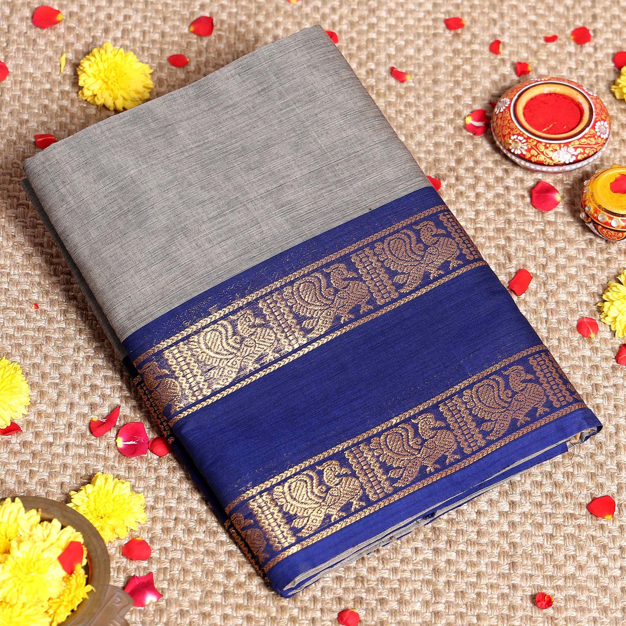 Traditional Handloom Kanchi Cotton Saree with Traditional Peacock Motif Zari Border - Grey