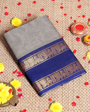 Traditional Handloom Kanchi Cotton Saree with Traditional Peacock Motif Zari Border - Grey