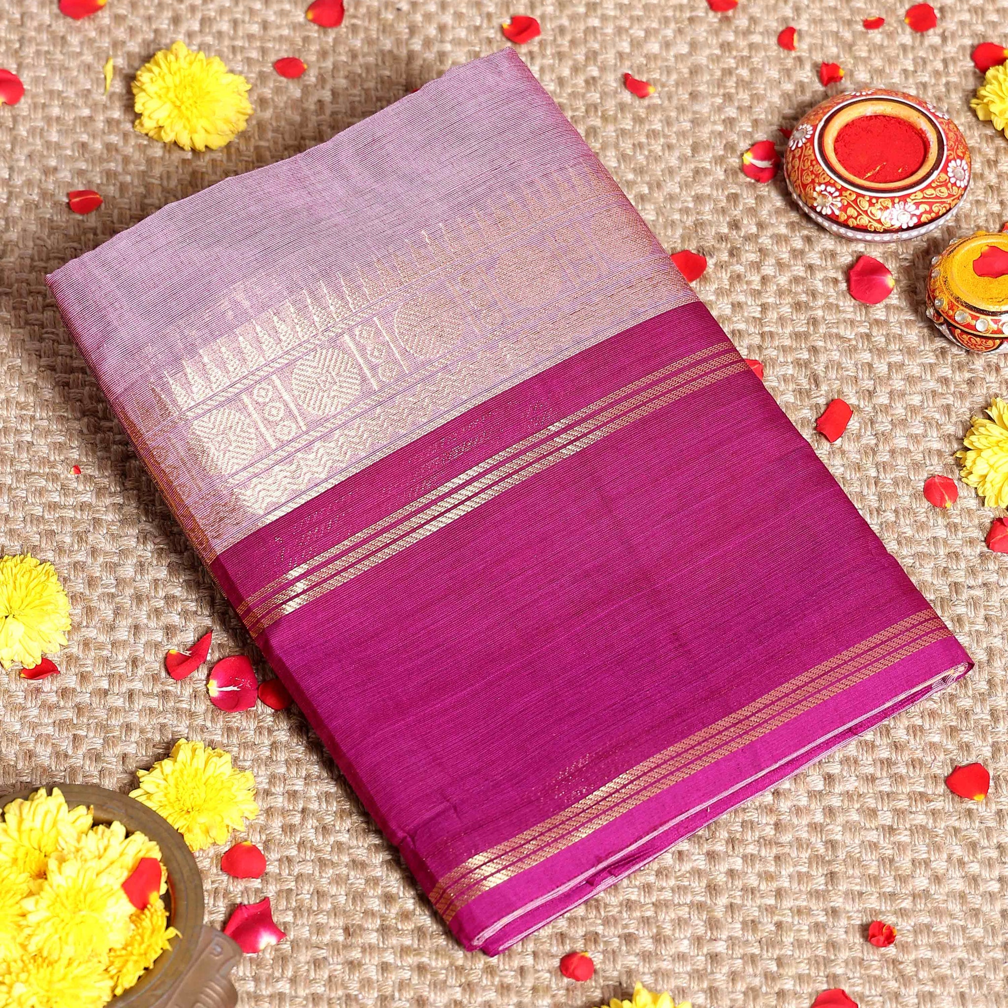 Traditional Kanchi Cotton Saree with Zari Border Handloom Weave & Elegant Temple Motif Detailing - Onion Pink
