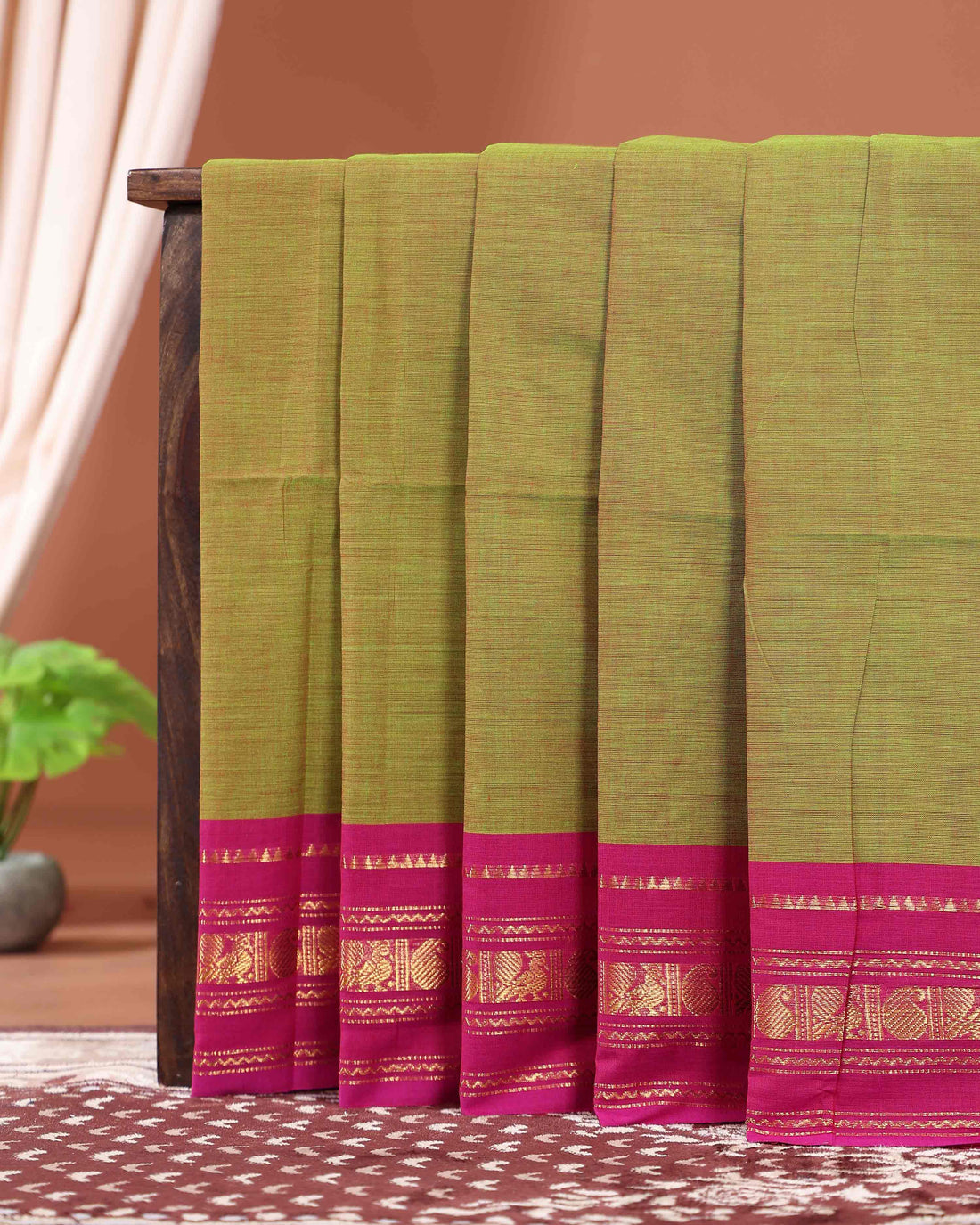 Traditional Kanchi Cotton Saree with Zari Peacock Border Handloom Weave & Elegant Finish - Green