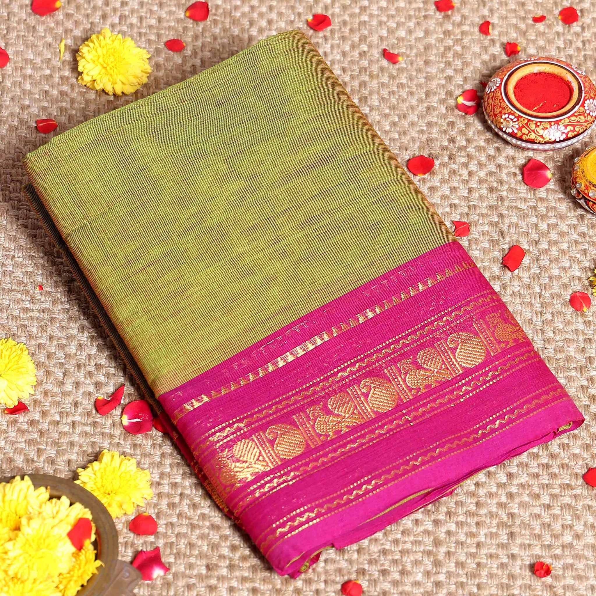 Traditional Kanchi Cotton Saree with Zari Peacock Border Handloom Weave & Elegant Finish - Green