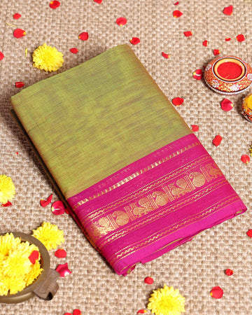 Traditional Kanchi Cotton Saree with Zari Peacock Border Handloom Weave & Elegant Finish - Green