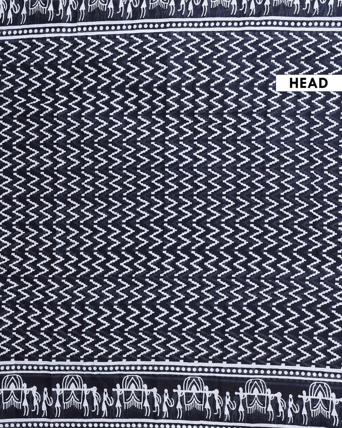 Traditional Mulmul Cotton Saree with Traditional Tribal Art Border and Chevron Print Body - Black