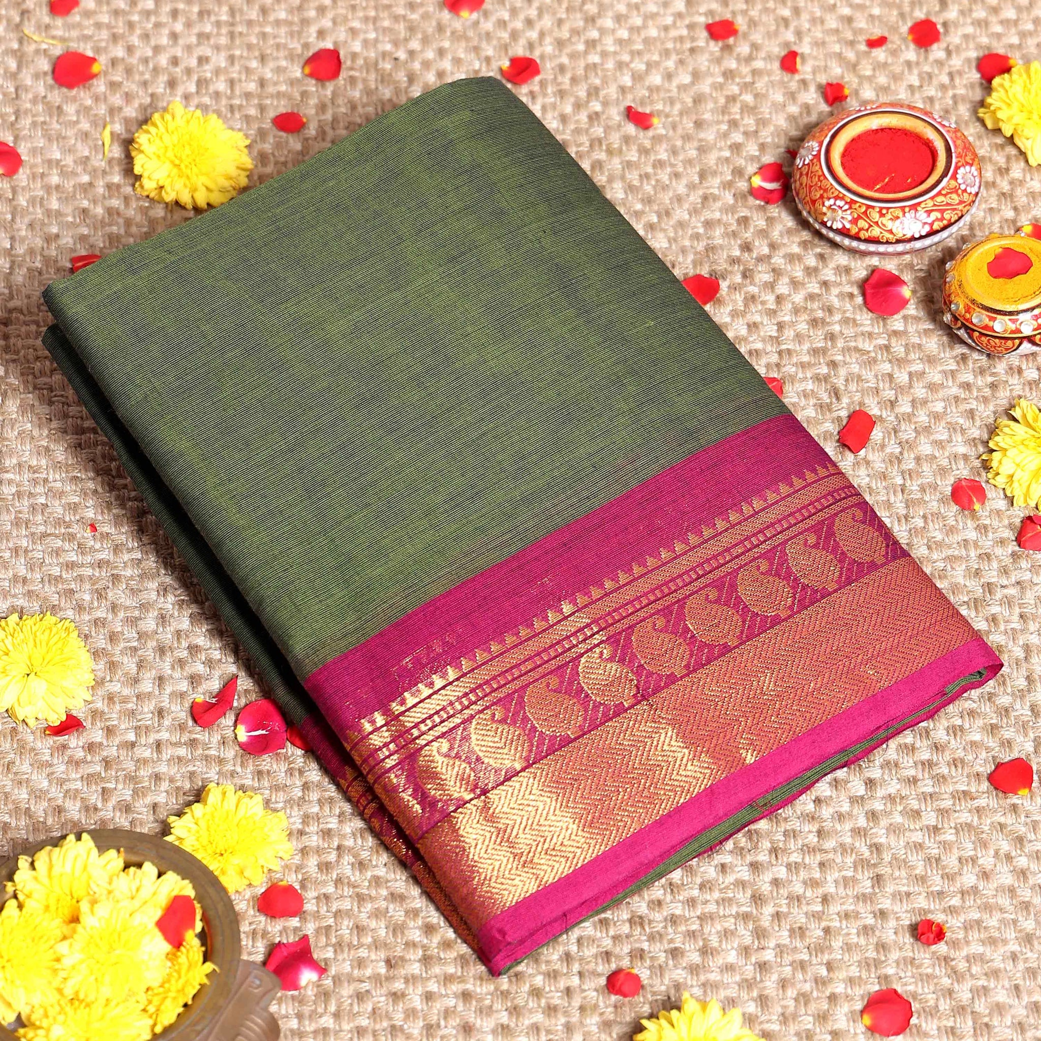 Traditional Kanchi Cotton Saree with Intricate Zari Mango Border and Classic Handloom Weave - Dark Green