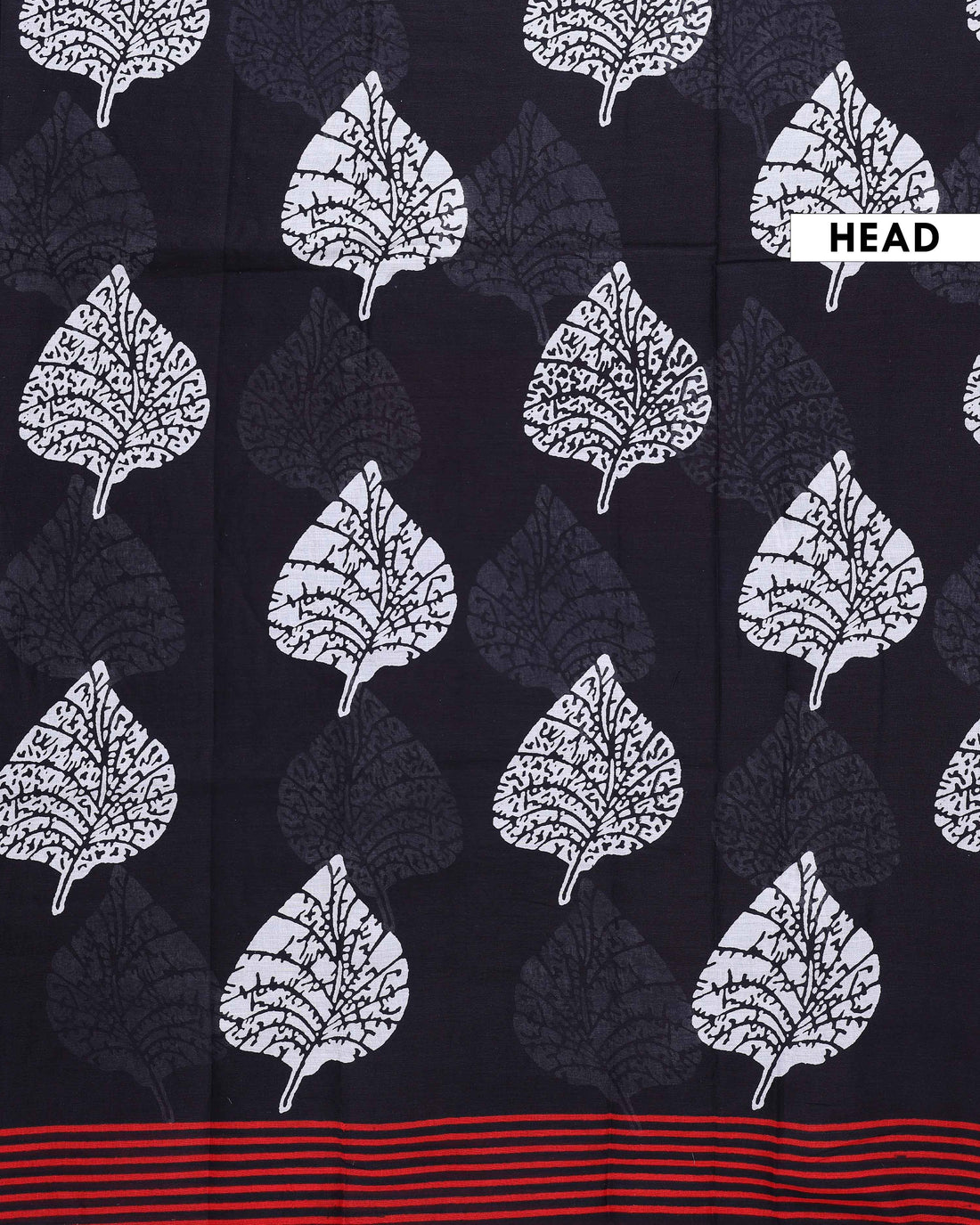 Hand Block Printed Mulmul Cotton Saree with Tree Motif and Striped Border - Black