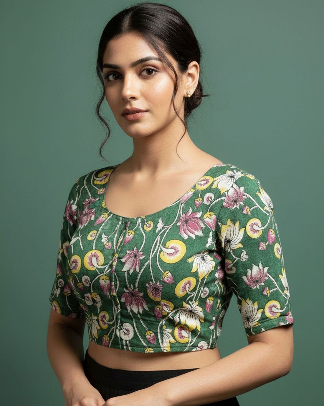 Elegant Floral Handblock Printed Cotton 1 Meter Blouse Material with Intricate Traditional Motifs - Green