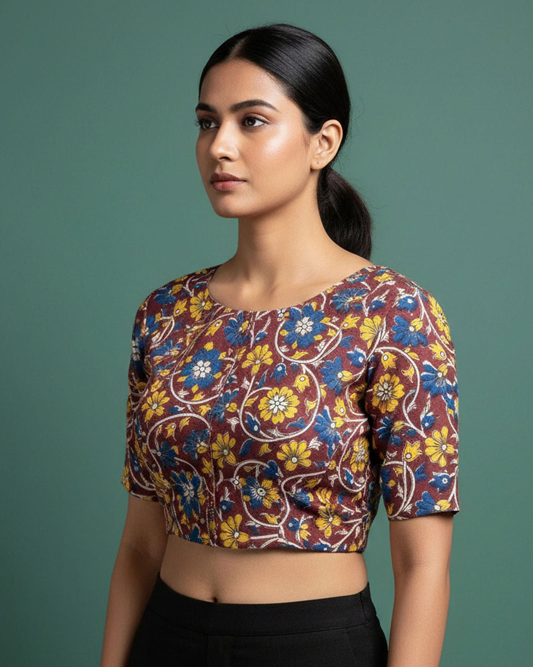 Traditional Floral Handblock Printed Cotton 1 Meter Blouse Material with Intricate Floral Motifs - Brown