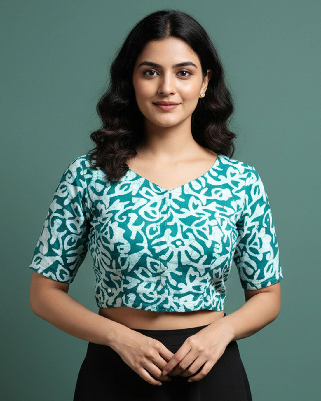 Traditional Abstract Batik Printed Cotton 1 Meter Blouse Material for Women - Teal