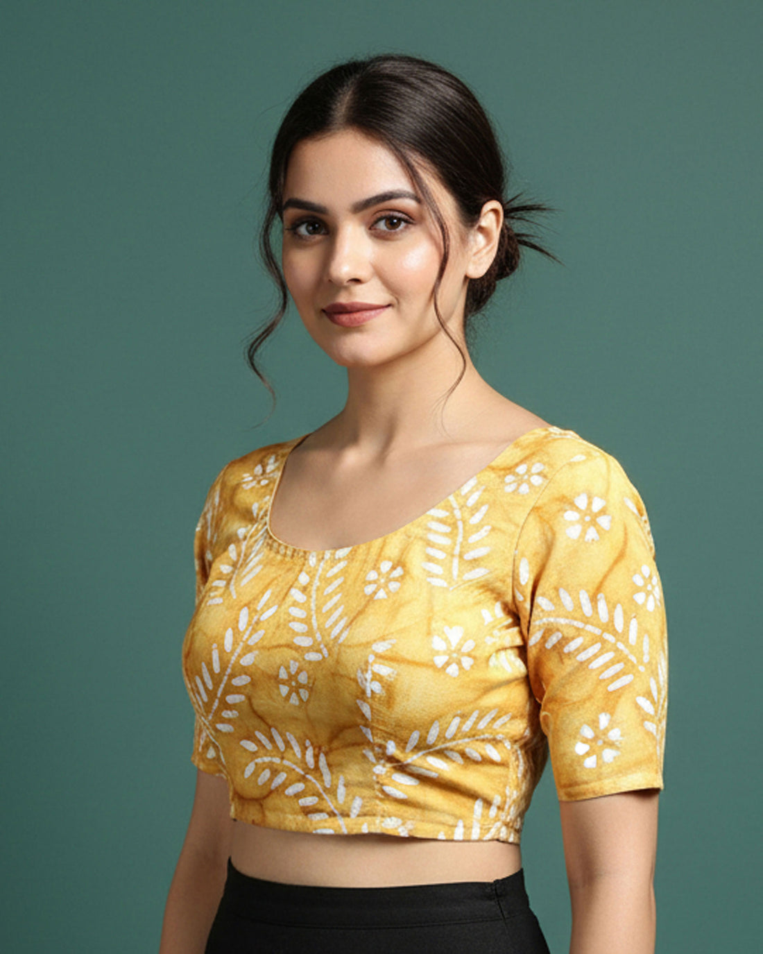 Traditional Batik Print Leaf Motif Women 1 Meter Unstitched Blouse Material - Yellow