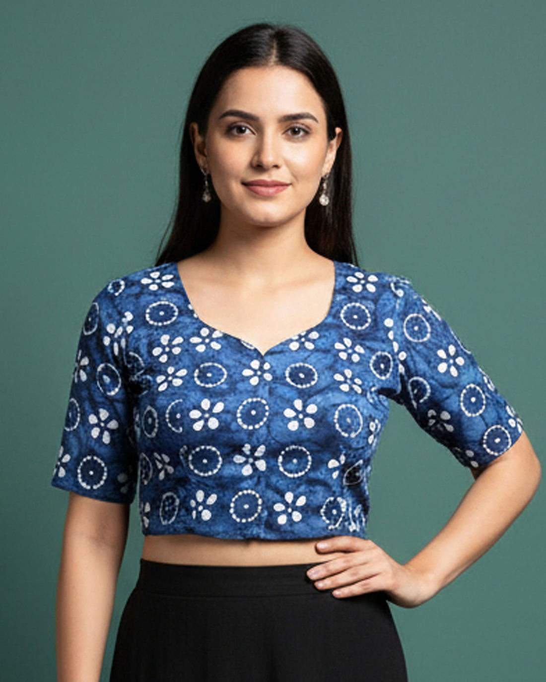 Traditional Women's Handcrafted Resist Dyed Circular and Floral Motif 1 Meter Blouse Material - Blue