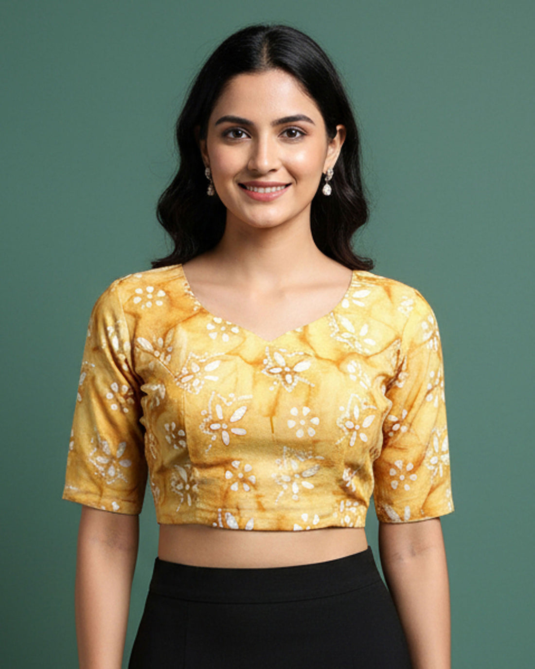 Traditional Women's Batik Floral & Crackle Pattern 1 Meter Unstitched Blouse Material - Yellow