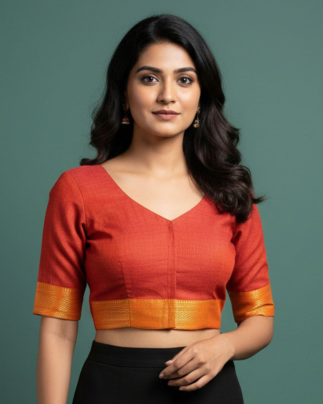 Traditional Handloom Women Cotton 1 Meter Blouse Material with Gold Zari Edge - Light Red