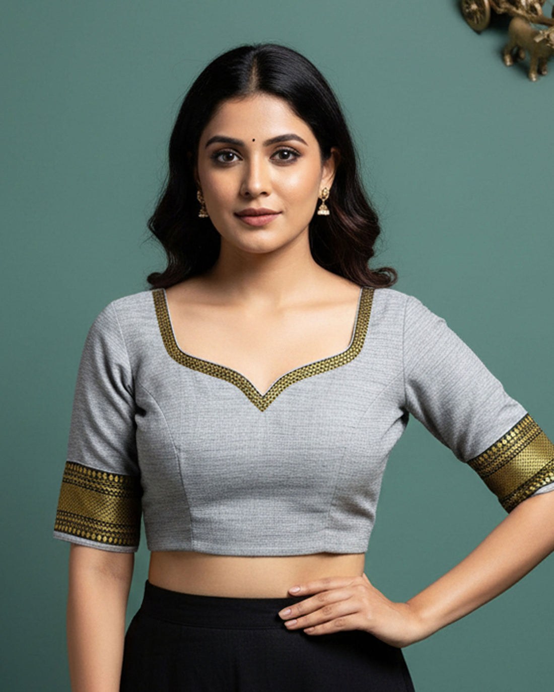 Traditional Women Cotton 1 Meter Blouse Material with Traditional Woven Zari Border - Grey