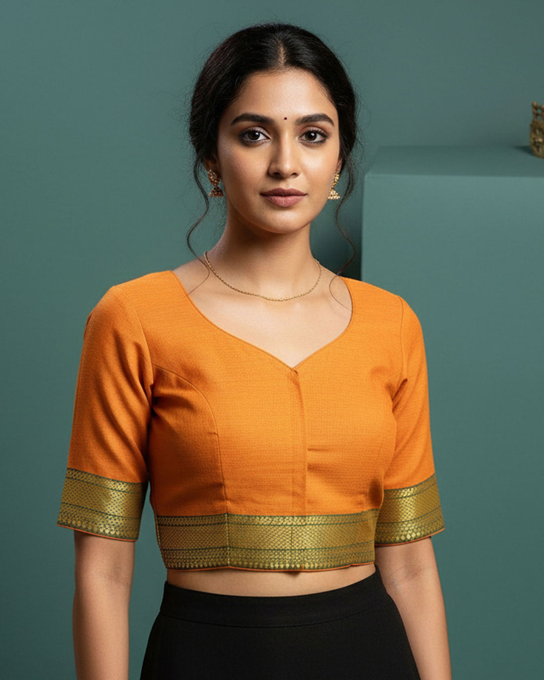 Traditional Women Cotton 1 Meter Blouse Material with Traditional Woven Zari Border - Orange