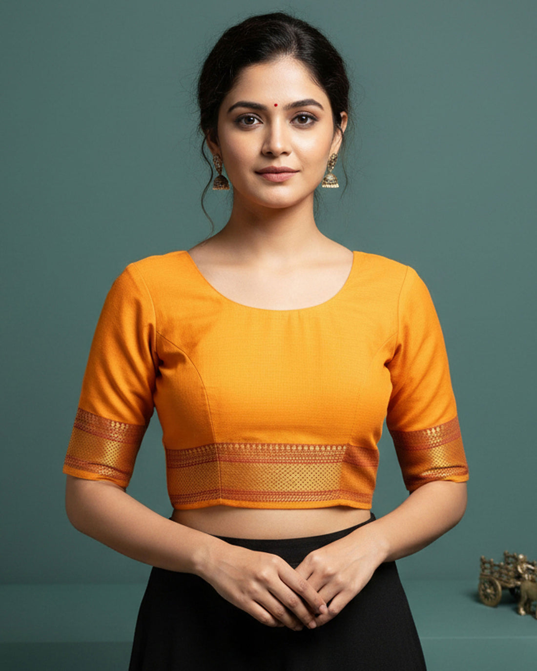 Traditional Women Cotton 1 Meter Blouse Material with Traditional Woven Zari Border - Yellow