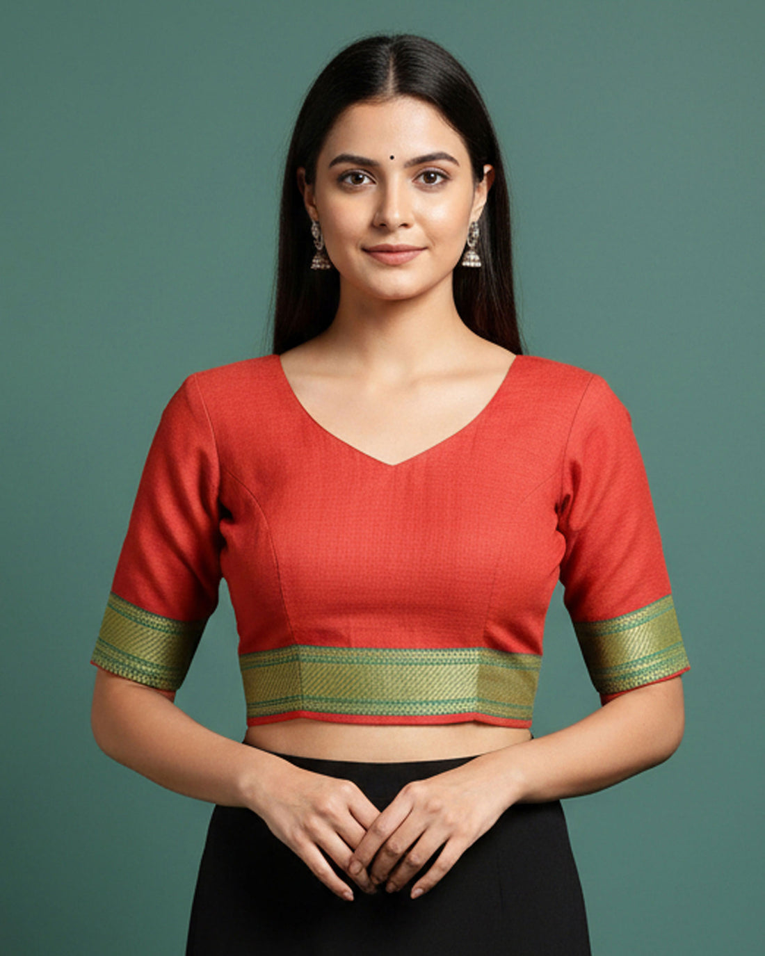 Handloom Women Cotton 1 Meter Blouse Material with Traditional Woven Zari Border - Red