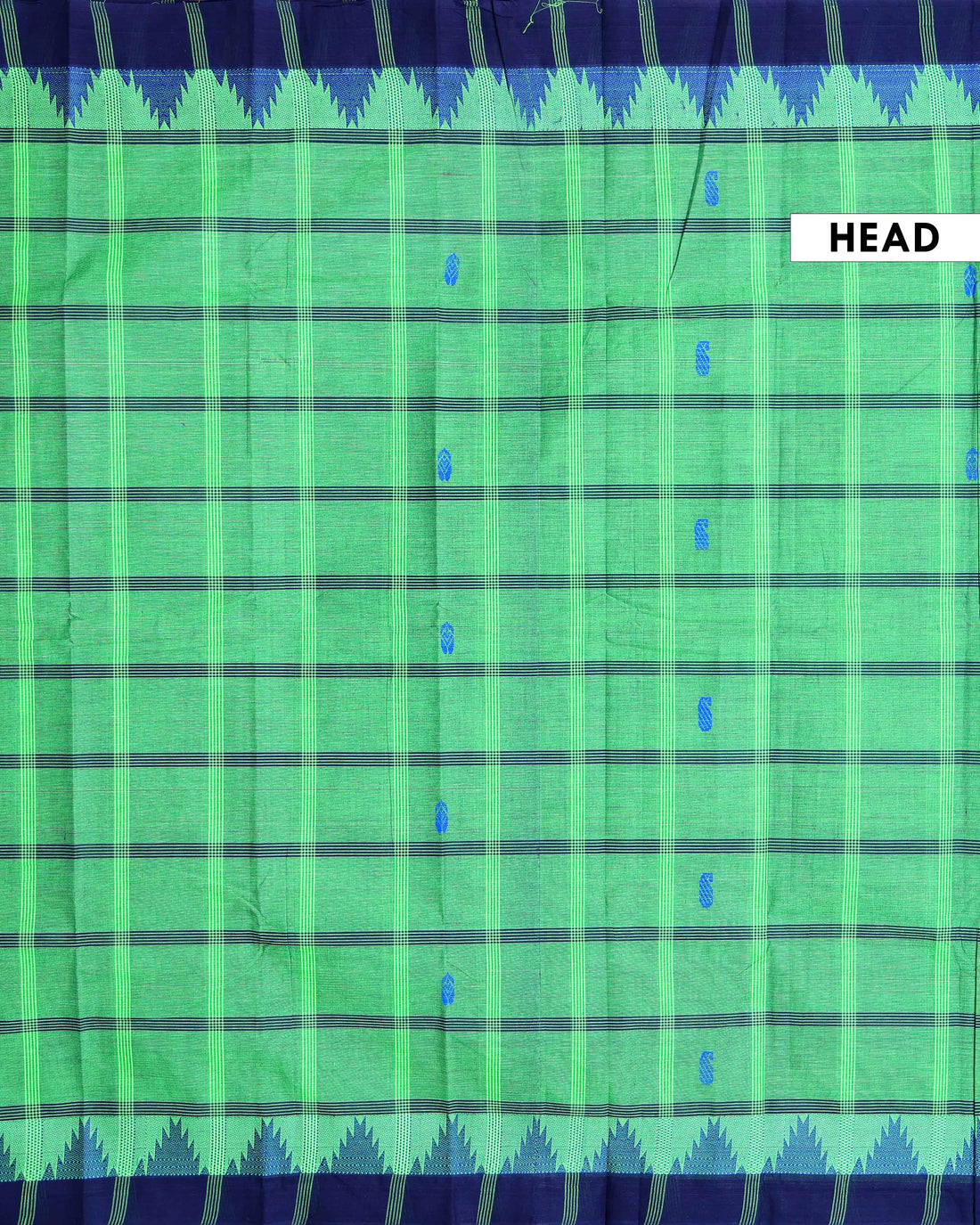 Traditional Chettinad Cotton Saree with Traditional Checks and Temple Border - Green