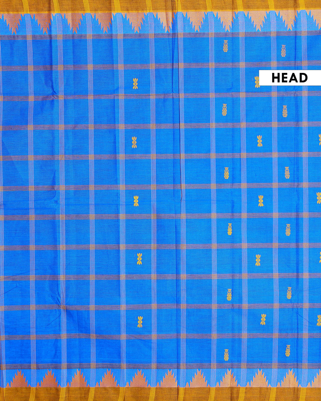 Traditional Chettinad Cotton Saree with Traditional Checks and Temple Border - Blue