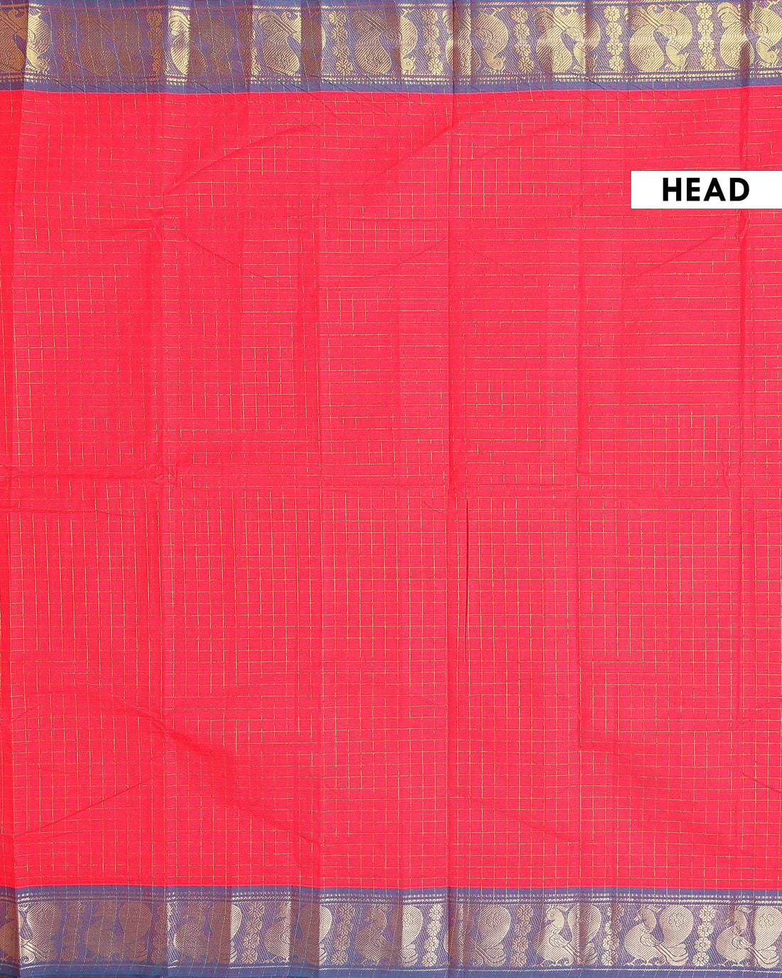 Handloom Chettinad Cotton Saree with Woven Checks and Peacock Motif - Dark Orange