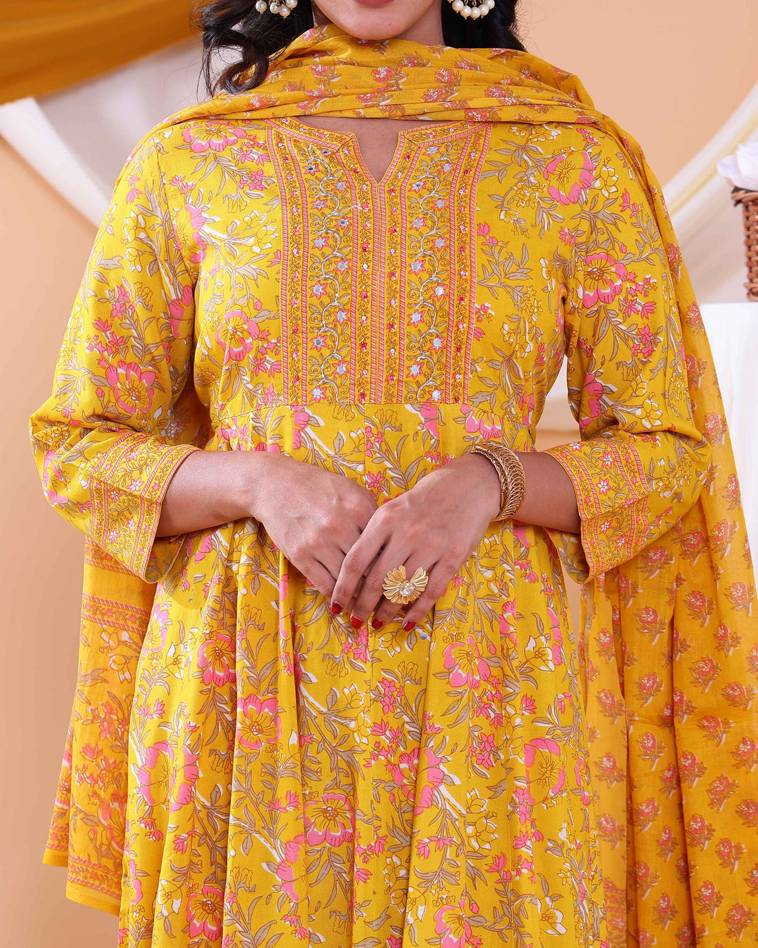 Elegant Floral Printed Women's Readymade Salwar Set with Designer Detailing - Yellow