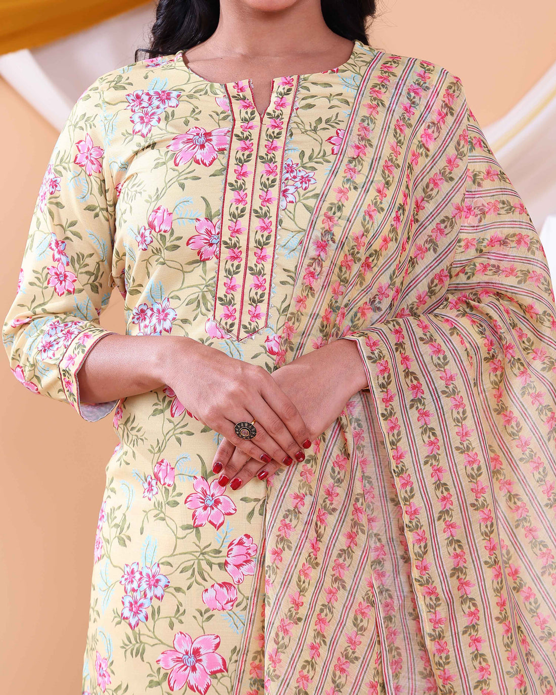Elegant Women's Floral Printed Straight Kurta Set with Dupatta - Sandal