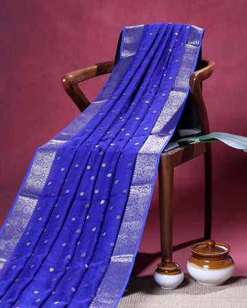 Elegant Banarasi Semi Silk Saree with Delicate Buti Motifs and Richly Woven Traditional Zari Border - Blue
