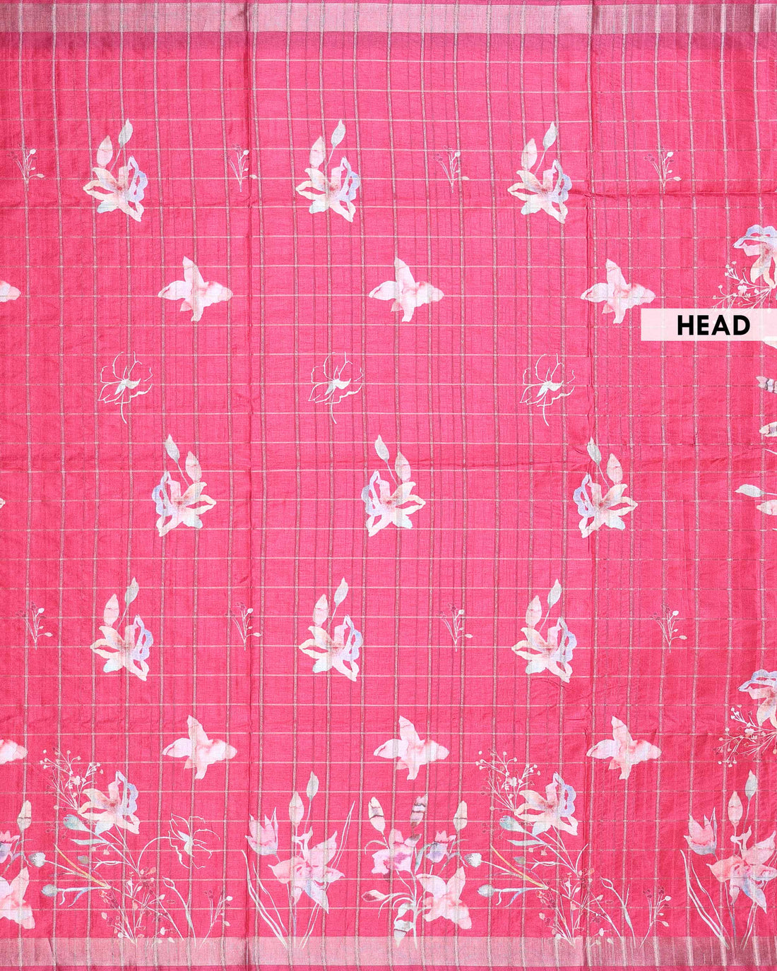 Elegant Floral Print Semi Tussar Silk Saree with Checked Pattern and Contrast Border - Pink