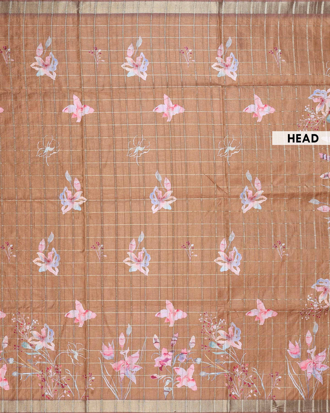 Elegant Floral Print Linen Blend Saree with Checked Pattern and Contrast Border - Brown