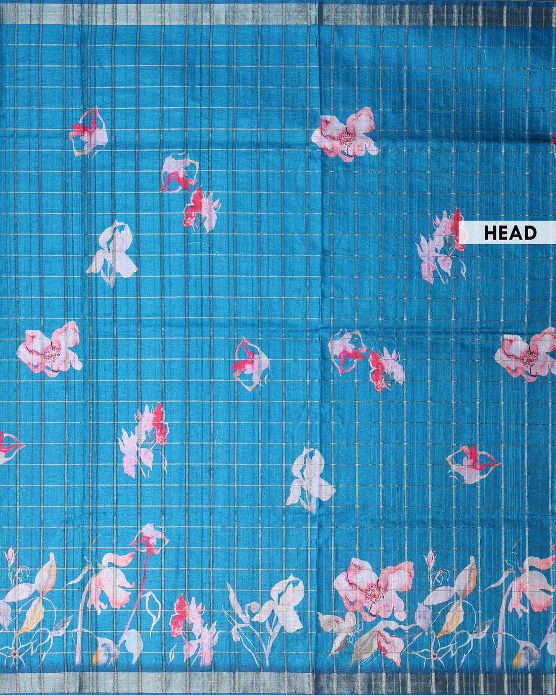 Elegant Floral Print Semi Tussar Silk Saree with Checked Pattern and Contrast Border  - Teal