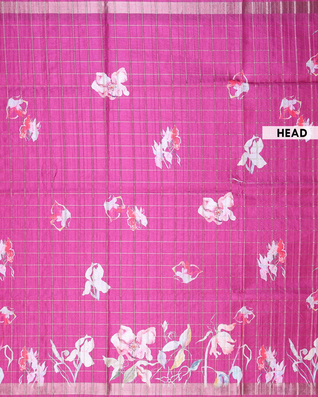 Elegant Floral Print Linen Blend Saree with Checked Pattern and Contrast Border - Magenta Pink