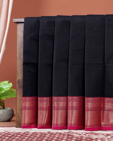 Traditional Handloom Chettinad Cotton Saree with  Zari Woven Border and Classic Solid Weave - Black