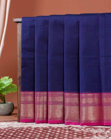 Traditional Handloom Chettinad Cotton Saree with  Zari Woven Border and Classic Solid Weave - Dark Blue