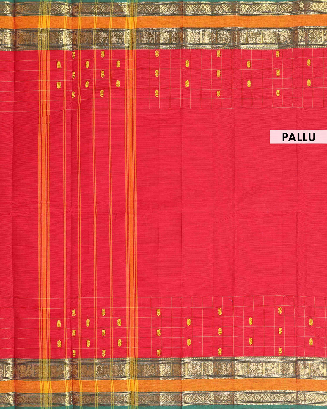 Traditional Chettinad Cotton Saree with a Striped Body and Temple Motif Border - Red