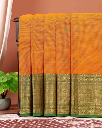 Traditional Handwoven Chettinad Cotton Saree with All Over Checks Ornate Zari Border Detailing - Orange