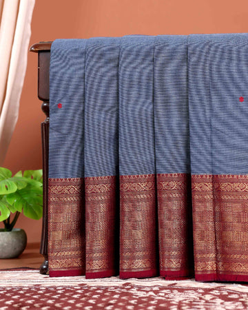 Traditional Handwoven Chettinad Cotton Saree with All Over Checks Ornate Zari Border Detailing - Grey